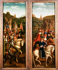 Het Lam Gods. Aanbidding van het Mystieke Lam: Rechtvaardige Rechters en de Ridders van Christus, 1432 door Jan van Eyck