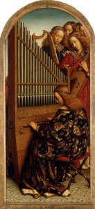 Het Lam Gods. Aanbidding van het Mystieke Lam: Muziekmakende Engelen, 1432. door Jan van Eyck