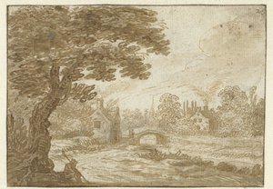 Landschap met huizen en een bruggetje