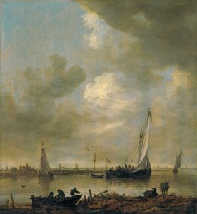 Een riviermonding met "Smalschips" , vissers en vee dat drinkt door Jan van Goyen
