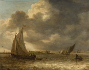 Een rivierlandschap met zeilschepen