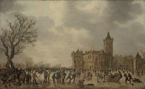 Een winterlandschap met figuren die zich op het ijs desporten bij het Kasteel Montfoort
