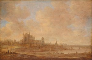Rivierlandschap met de Leidse Hooglandse Kerk door Jan van Goyen