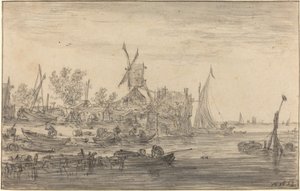 Kustscène met windmolen door Jan van Goyen