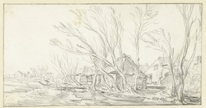Landschap met kromme kale bomen voor boerderijen