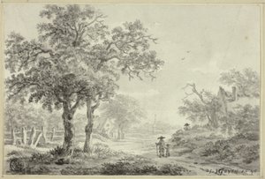 Man en jongen lopen dorpsweg af door Jan van Goyen