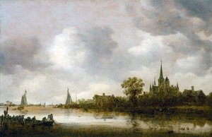 Rivierlandschap met een kerk in de verte