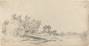 Rivierlandschap met een verre brug door Jan van Goyen