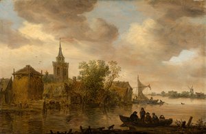 Uitzicht op de rivier met kerk en boerderij