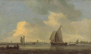 Gezicht op de rivier de Merwede en de ruïne van het Huis te Merwede; op de achtergrond Dordrecht door Jan van Goyen