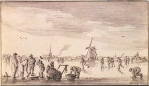 Winterlandschap met schaatsers en vissers door Jan van Goyen