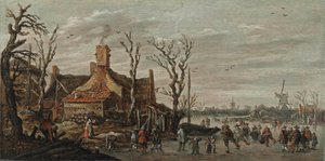 Winterlandschap met figuren op het ijs bij een huisje door Jan van Goyen
