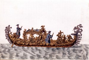 Een koninklijke gondel. Aquarel en inkttekening uit het manuscript 