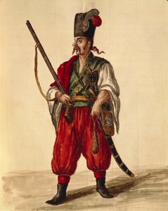 Karabinier uniform, uit geïllustreerd boek van kostuums door Jan van Grevenbroeck