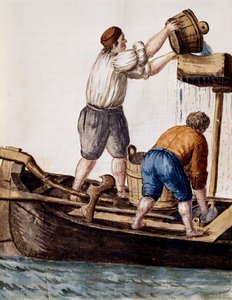 Het zeven van kanaalwateren op zoek naar verloren voorwerpen, illustratie uit Geïllustreerd boek van Venetiaanse kostuums, door Jan Grevenbroeck (1731-1807), aquarel, Italië