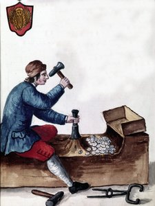 De vervaardiging van munten van de Republiek Venetië: fase van het slaan. Aquarel en inkt uit het manuscript “Customs of the Venitians” door Jan van Grevenbroeck (of Giovanni Grevembroch) (1731-1807)