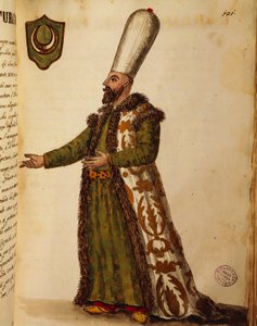 Turkse ambassadeur in Venetië, gekleurde gravure door Giovanni di Grevembroch, uit Gli abiti de veneziani (kostuums van Venetianen), deel II, plaat 121