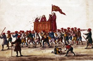 Venetiaanse feesten. De prins die net is gekozen wordt door de Arsenal-arbeiders in triomf naar het San Marcoplein gedragen. Tijdens de tocht gooit hij munten naar de menigte. Aquareltekening en inkt uit het manuscript “Gewoonten van de Venetianen” door