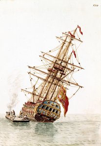 Venetiaans schip neergeschoten in de romp om gerepareerd te worden. Aquarel en inkt uit het manuscript “Customs of the Venitians” door Jan van Grevenbroeck (of Giovanni Grevembroch) (1731-1807)