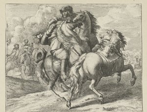 Militair te paard neergeschoten Cavaleriescènes (series title) door Jan van Huchtenburg (possibly copy after)
