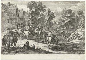 Gezicht op een dorp met ruiters op de voorgrond door Jan van Huchtenburg