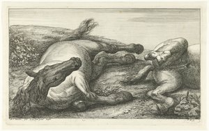 Twee gesneuvelde paarden waarvan de linker van voren gezien door Jan van Huchtenburg