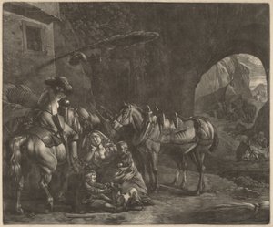 Moeder met Twee Kinderen en een Paard voor een Herberg door Jan van Huchtenburgh