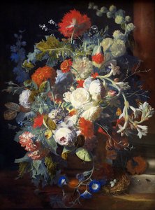 Bloemenboeket bij een zuil door Jan van Huysum