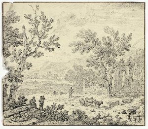 Landschap met geiten, geitenhoeder en ruïnes door Jan van Huysum