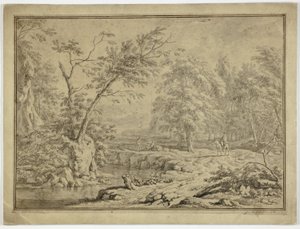 Landschap met herders bij rivier en man te paard