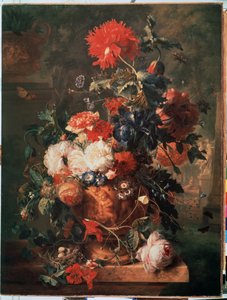 Boeket bloemen. Ook afgebeeld een nest met eieren en insecten (waaronder vlinder, vlieg, mier en lieveheersbeestje). Schilderij van Jan van Huysums (1682-1749)