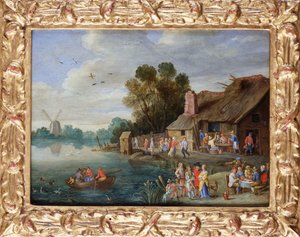 Een Rivierlandschap met Adel bij een Dorpsherberg