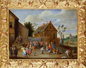 Een bruiloftsfeest in een binnenplaats van een herberg door Jan van Kessel