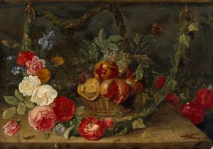 Decoratieve stilleven compositie met een mand fruit door Jan van Kessel