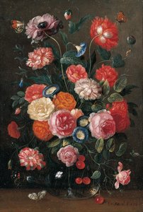 Rozen, anjers, ochtendglorie, een klaproos en een takje kersen in een glazen vaas, een muurbruin, een oranjetip, een Atalanta en een magpie vlinder op een tafel, 1676