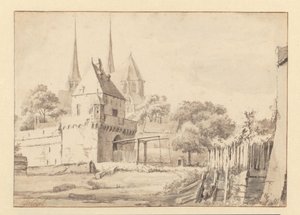 Gezicht op de Bergpoort en Bergkerk in Deventer door Jan van Kessel