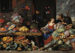 Fruit- en groentemarkt met een jonge fruitverkoper