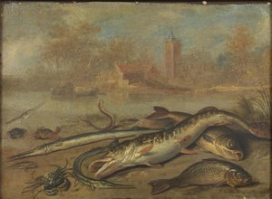 Vis en landschap door Jan van Kessel the Elder