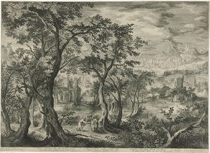 Berglandschap met de verzoeking van Christus door Jan van Londerseel