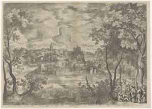 Landschap met Christus die een demon uitdrijft bij een stomme man door Jan van Londerseel