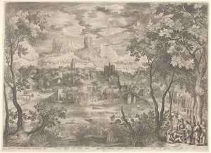 Landschap met Christus die een demon uitdrijft bij een stomme man door Jan van Londerseel