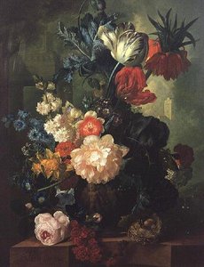 Rozen, Tulpen, Anjers en andere bloemen in een gebeeldhouwde urn