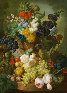 Stilleven van bloemen en fruit door Jan van Os
