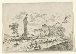 Landschap met Romeinse ruïne en ezelherders door Jan van Ossenbeeck (attributed to)