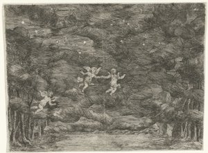 Toneeldecor met engelen aan de nachtelijke hemel door Jan van Ossenbeeck