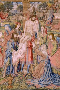 Vlaams wandtapijt. Serie De passie van Christus: Kruisafneming. Fabrikant Pieter van Aelst. Cartograaf Jan van Roome. Ca 1507-1520. (detail) door Jan van Roome