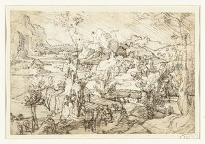 Landschap met rotsen, figuren en een zeilschip