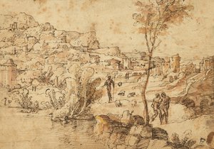 Landschap met herders bij een rivier en een stad erachter (recto); Figuurstudies en Romeinse ruïnes (verso) door Jan van Scorel