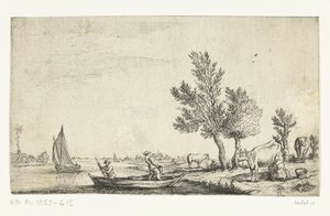 Rivierlandschap met twee mannen in een roeiboot door Jan van de Cappelle (attributed to)