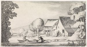 Boer en boerin in een roeiboot